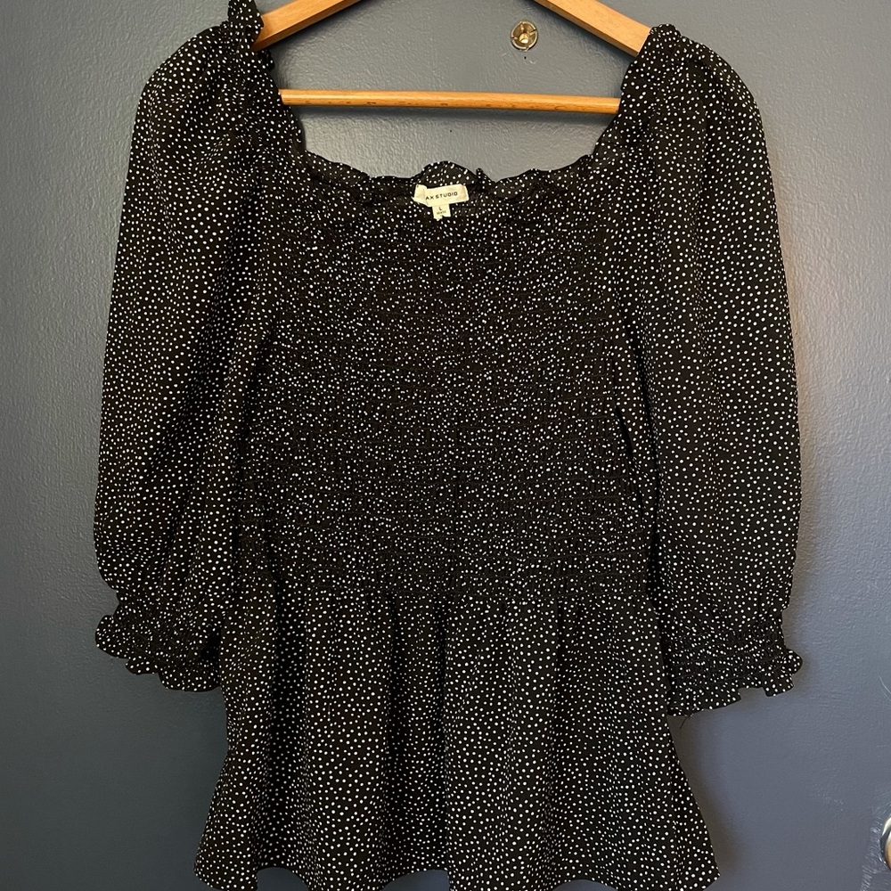 Max Studio Black Ruched Babydoll Top with White Polka Dots
